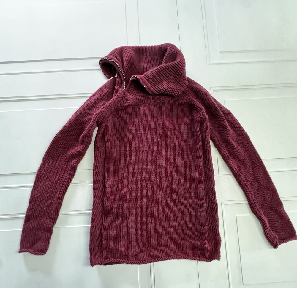 Guess Women's Sz S Burgundy Knit Cowl Neck Sweater Zipper Accent 100% Cotton